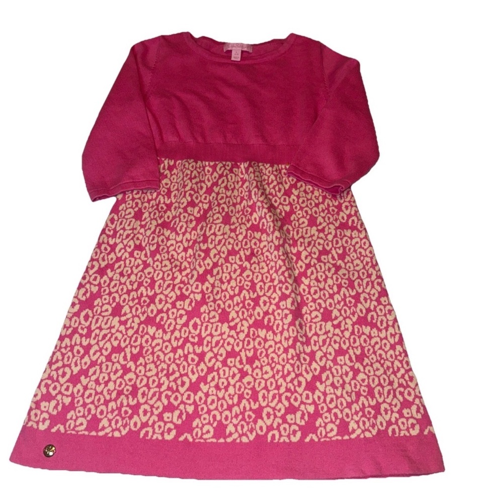 Lilly Pulitzer Girls 3/4 Sleeve Sweater Dress Pink Leopard Print Sz 8 10